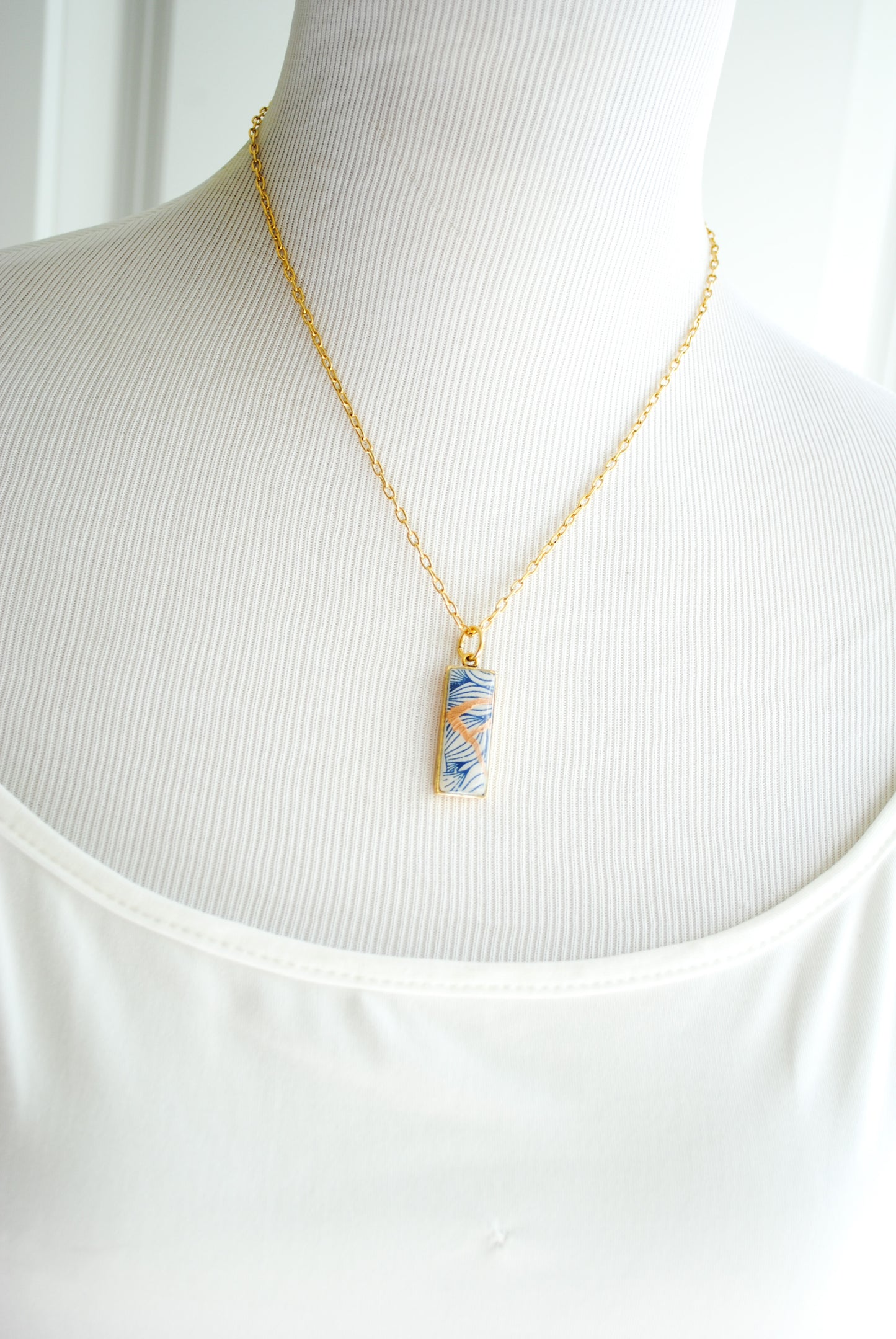 Kintsugi Inspired Pendants - Kintsugi Necklace Rectangle, blue petal gold or silver