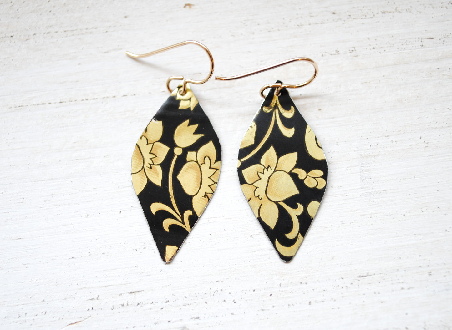 Black and Gold Flame Vintage Tin Earrings