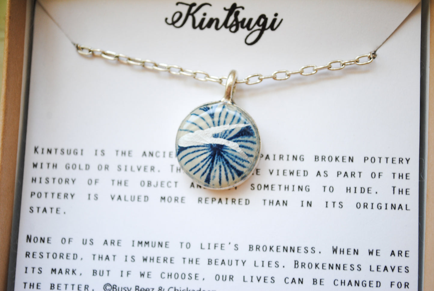 Kintsugi Inspired Pendants - Kintsugi Necklace Round, blue petal, silver small