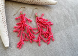 Hand Woven Beaded Coral Fringe Earrings