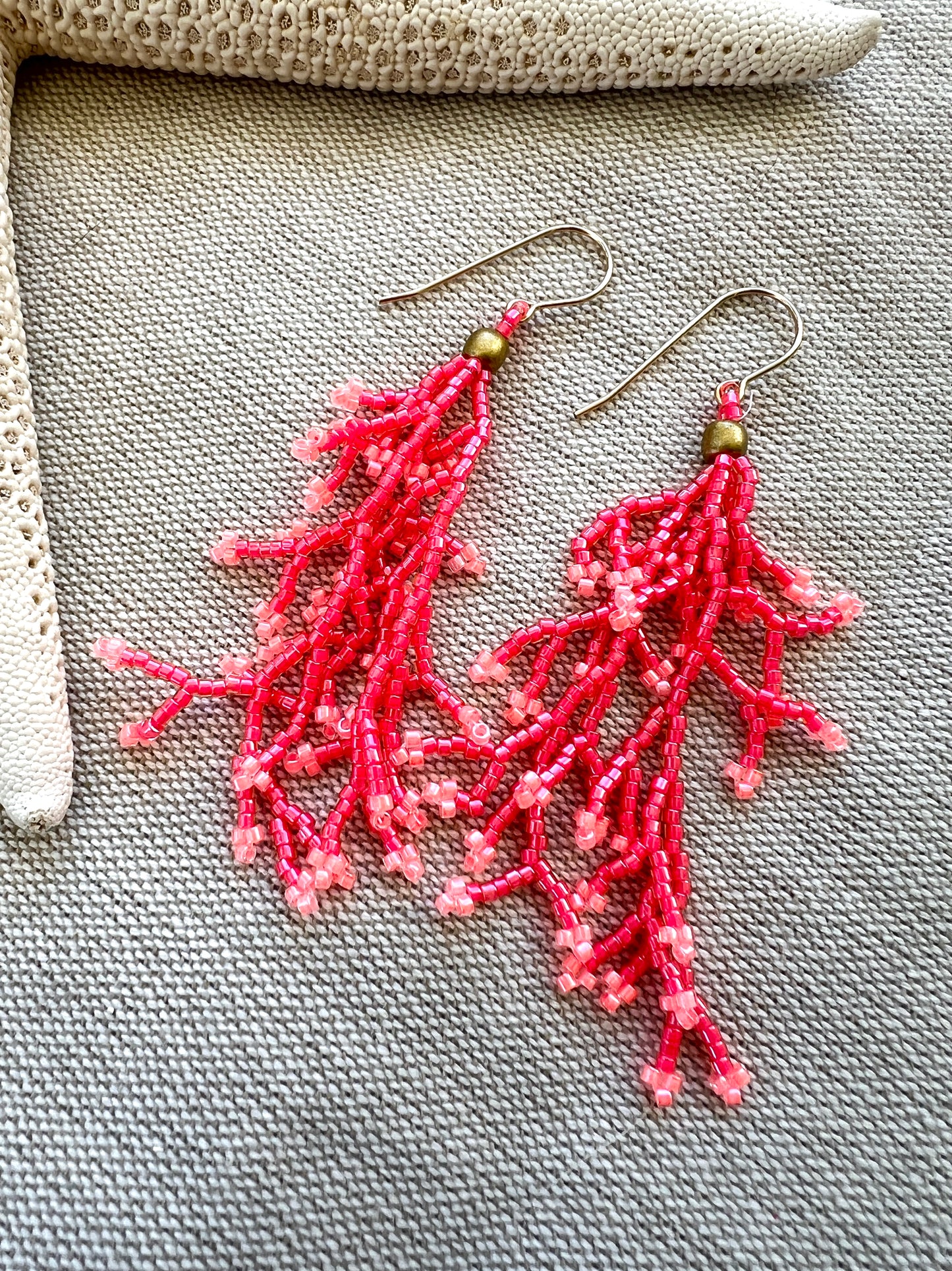 Hand Woven Beaded Coral Fringe Earrings