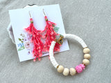 Hand Woven Beaded Coral Fringe Earrings