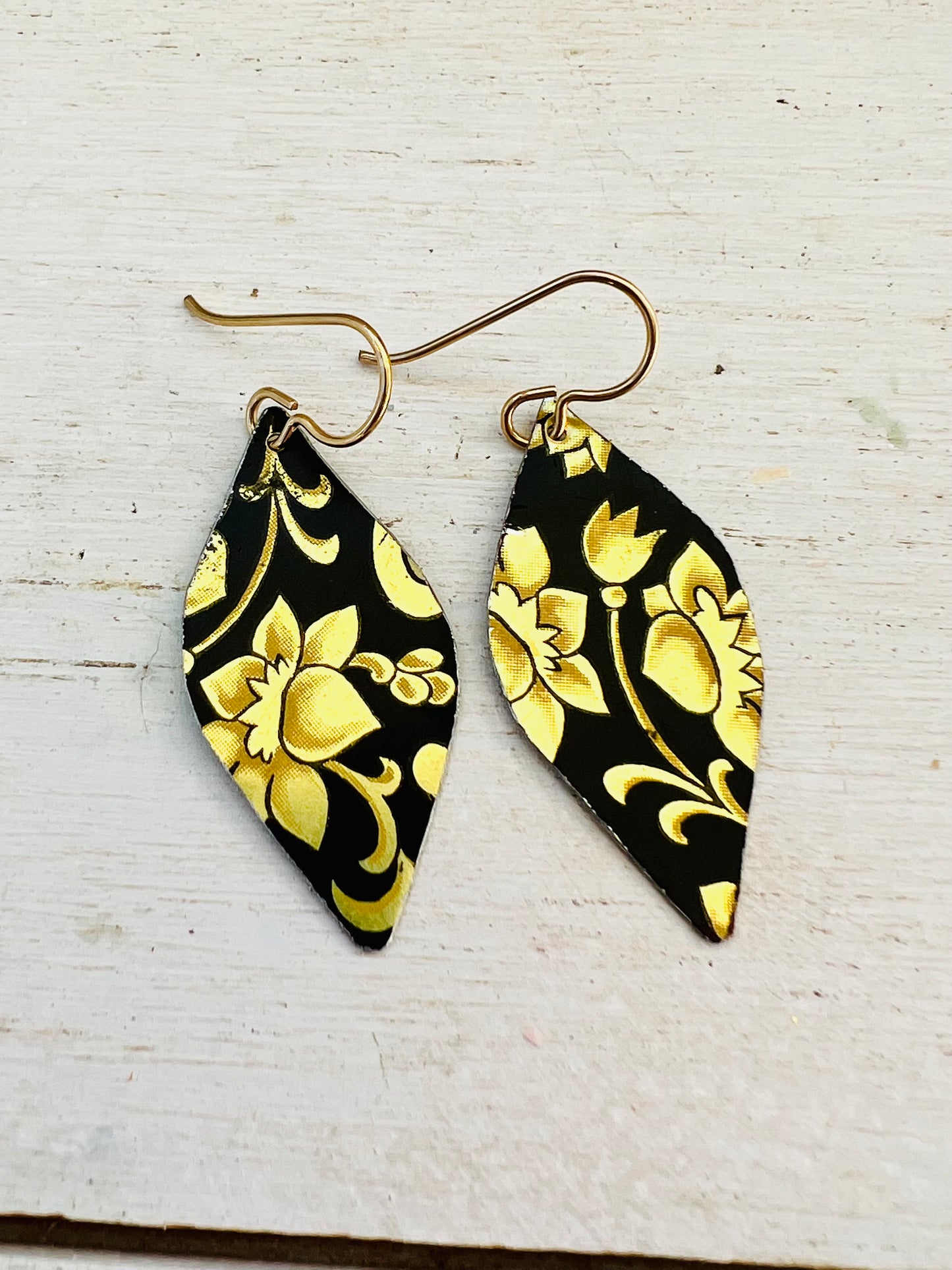 Black and Gold Flame Vintage Tin Earrings