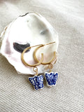 Blue and White Porcelain Butterfly Huggie Hoop Earring