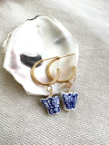 Blue and White Porcelain Butterfly Huggie Hoop Earring