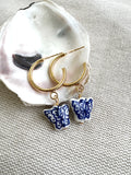 Blue and White Porcelain Butterfly Huggie Hoop Earring