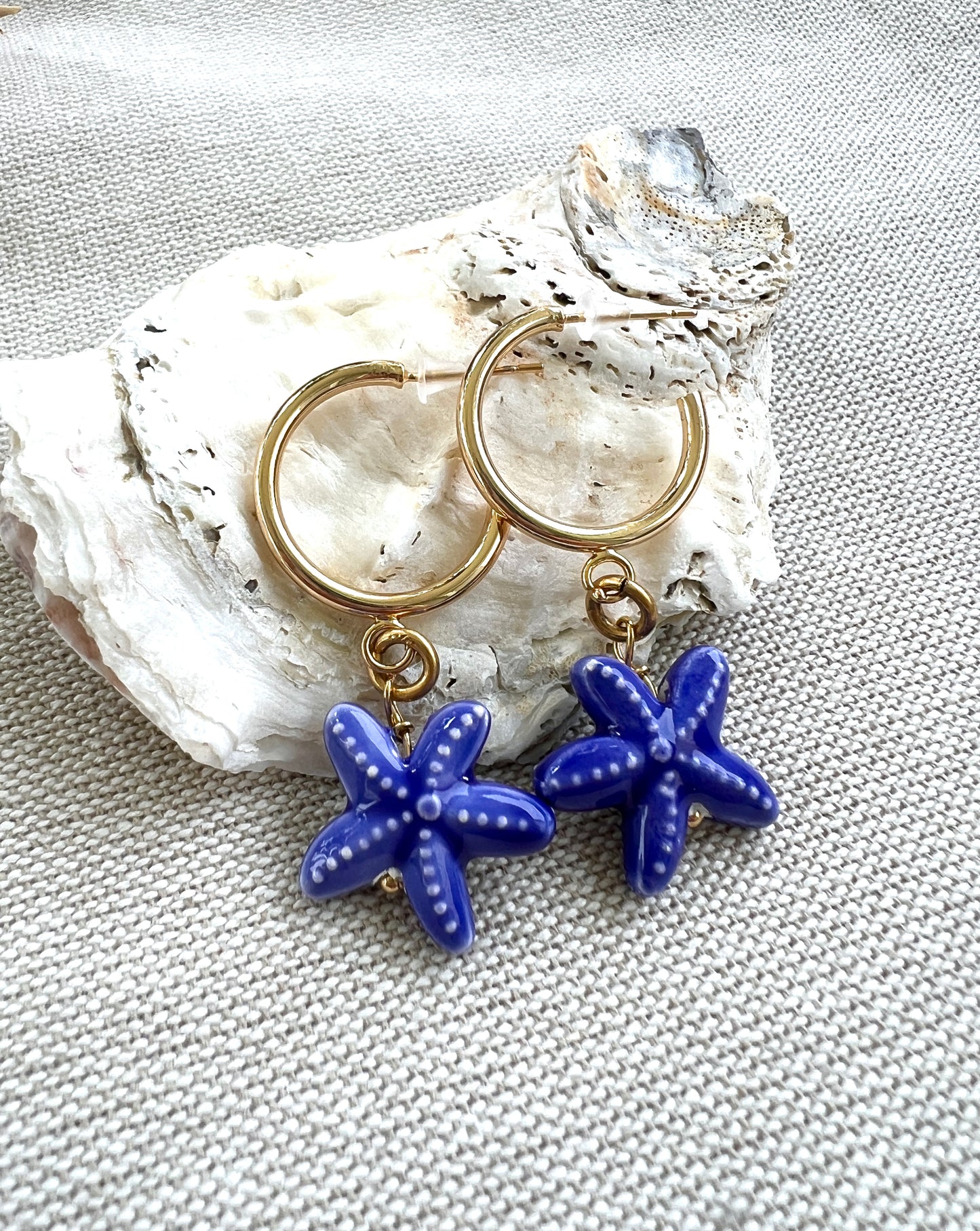 Blue Porcelain Starfish Huggie Hoop Earrings