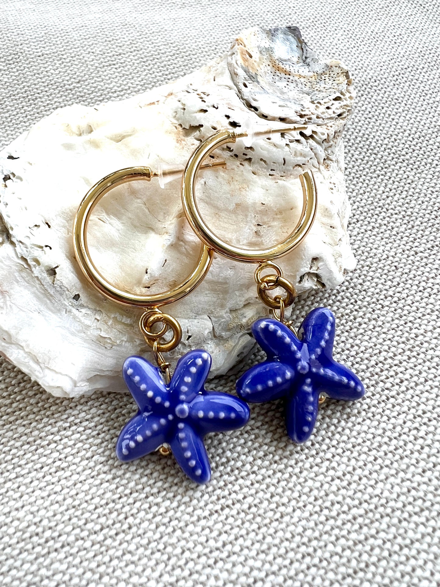 Blue Porcelain Starfish Huggie Hoop Earrings