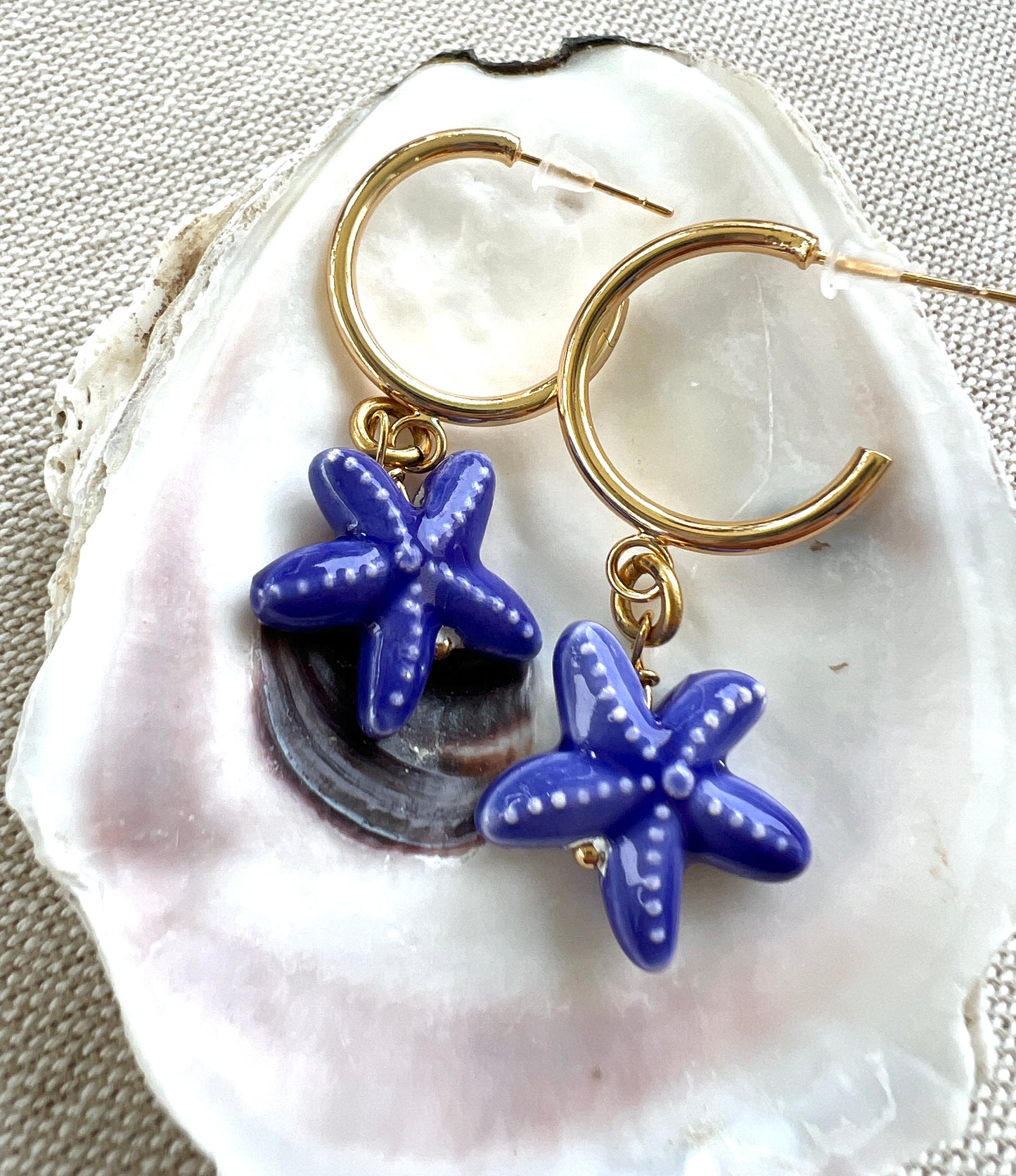 Blue Porcelain Starfish Huggie Hoop Earrings