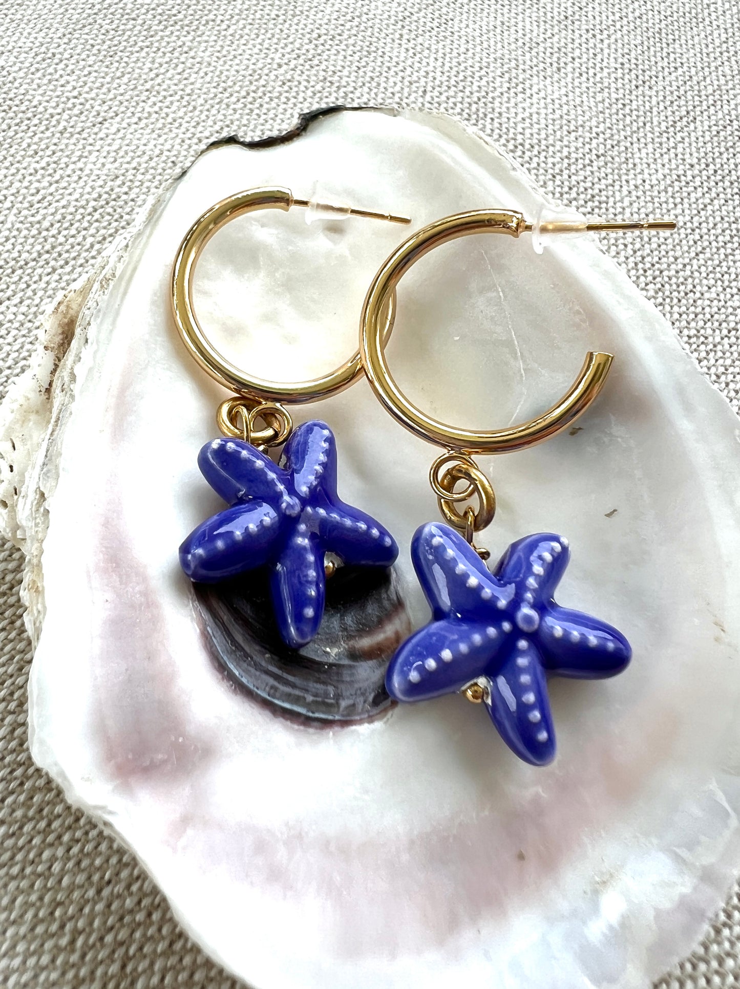 Blue Porcelain Starfish Huggie Hoop Earrings