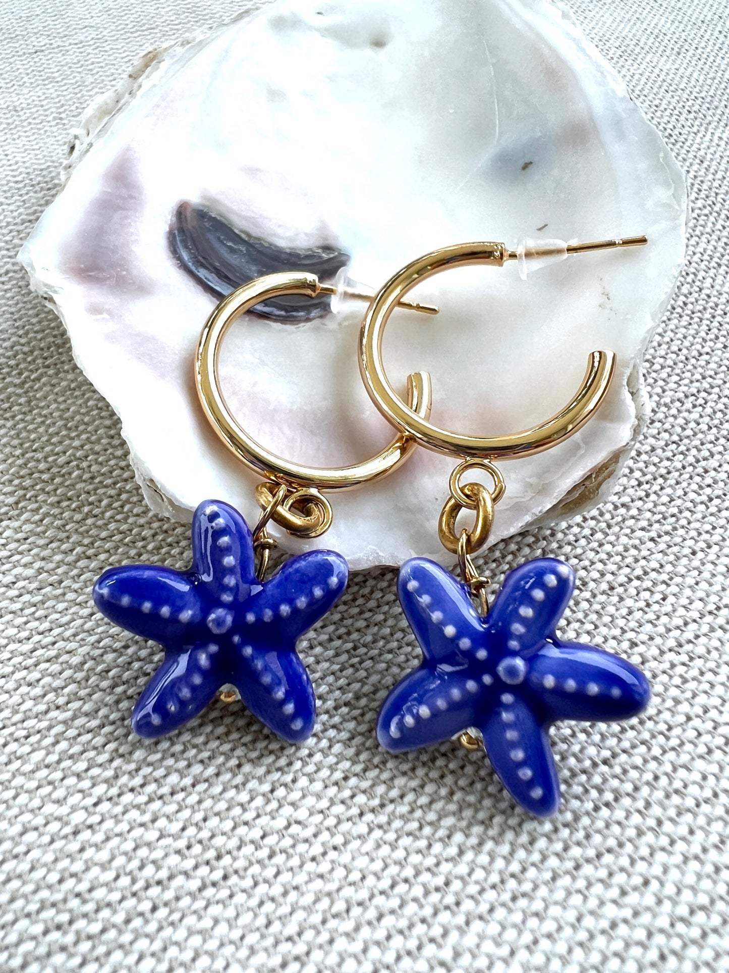 Blue Porcelain Starfish Huggie Hoop Earrings