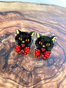 Vintage Halloween Black Cat Image Stud Earrings