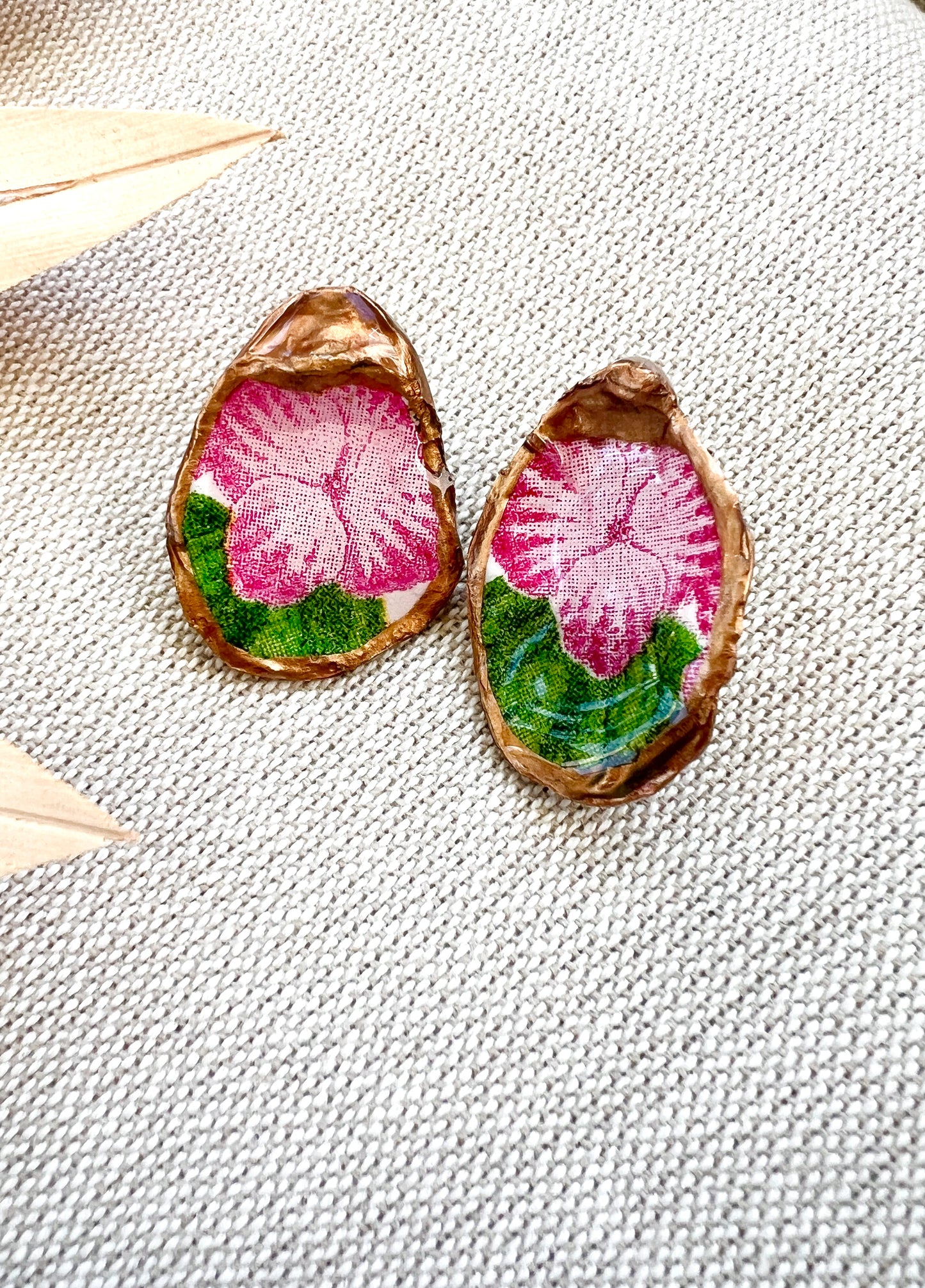 Pink Flower Oyster Stud Earrings