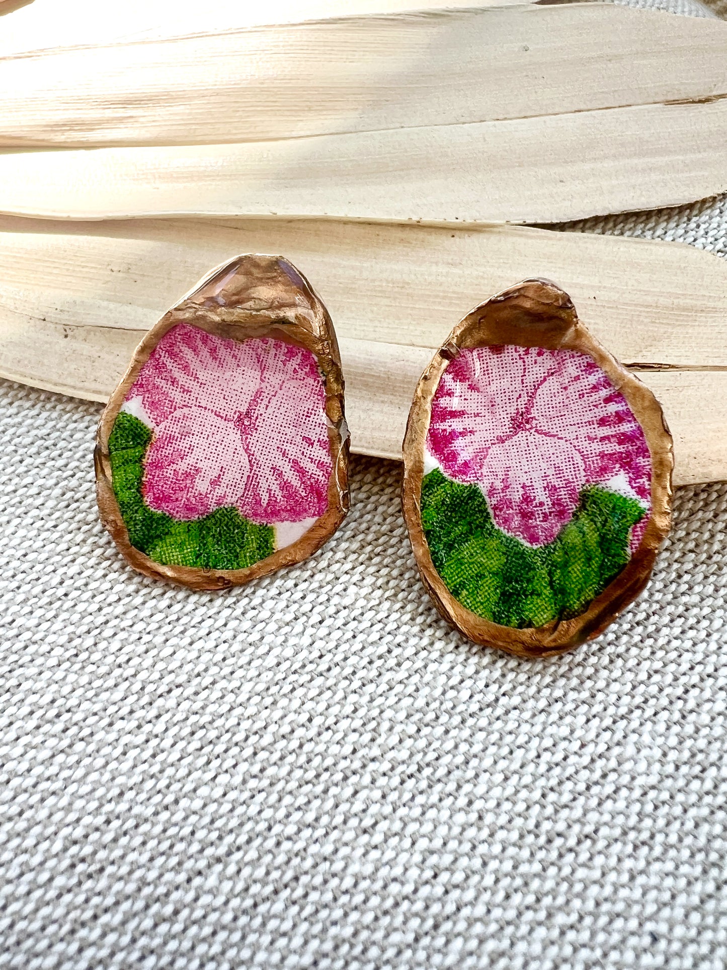 Pink Flower Oyster Stud Earrings