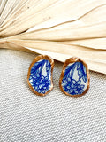 Blue and White Chinoserie Oyster Stud Earrings