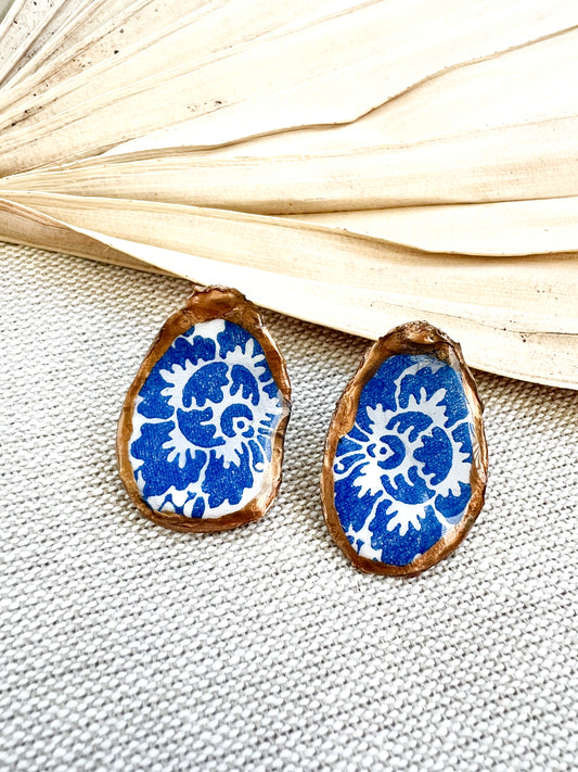 Blue and White Baroque Oyster Stud Earrings