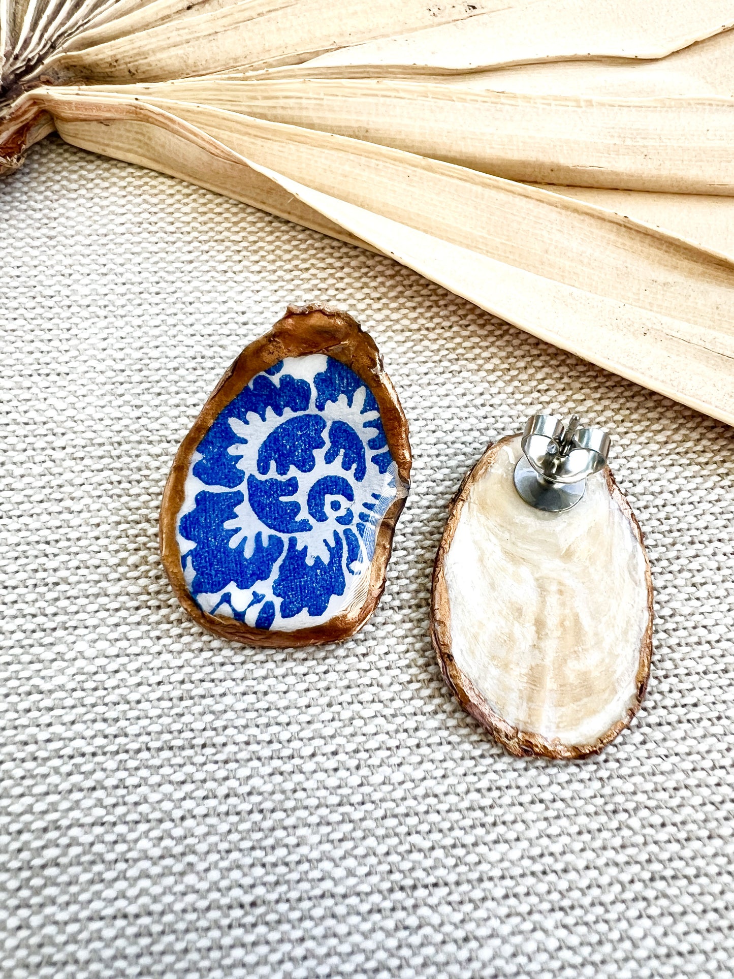 Blue and White Baroque Oyster Stud Earrings