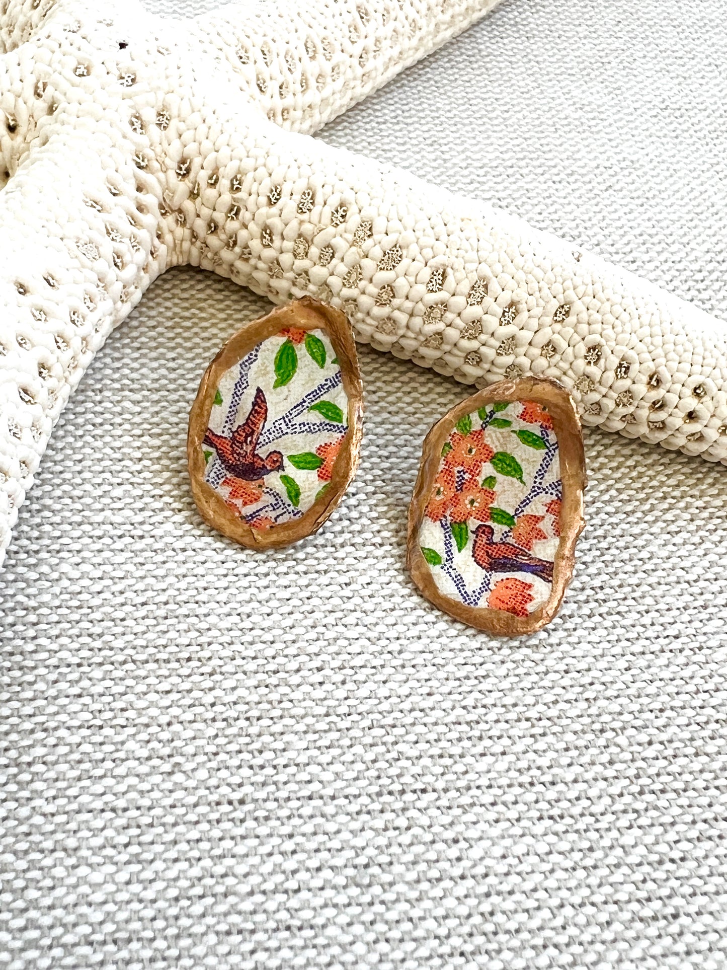 Orange Bird Oyster Stud Earrings