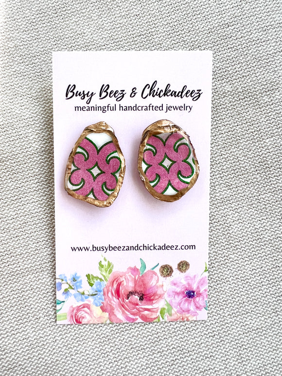 Pink Scroll Oyster Stud Earrings