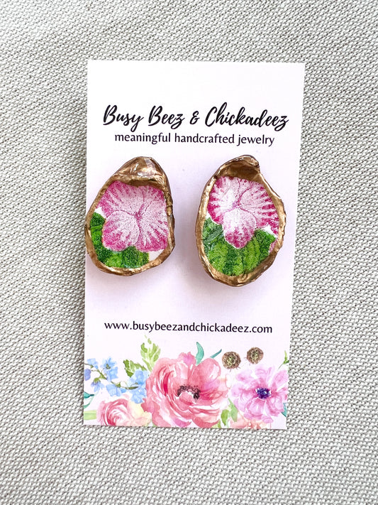 Pink Flower Oyster Stud Earrings