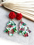 Holly Berry Christmas Tree Earrings