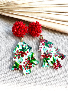 Holly Berry Christmas Tree Earrings