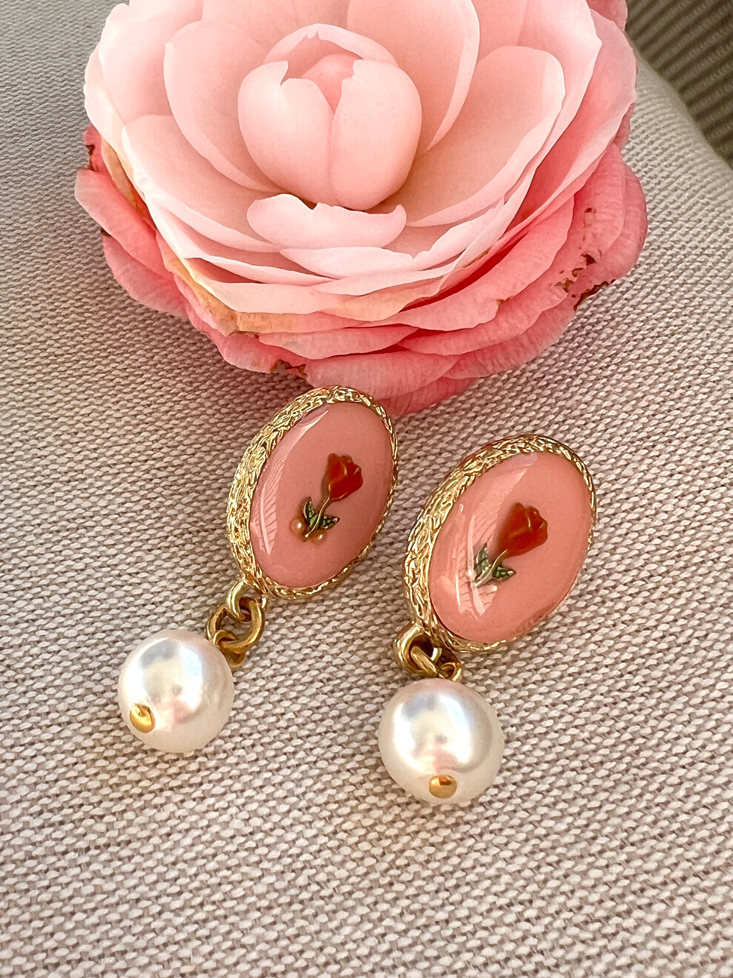 Red Rose and Pink Vintage Glass Pearl Earrings