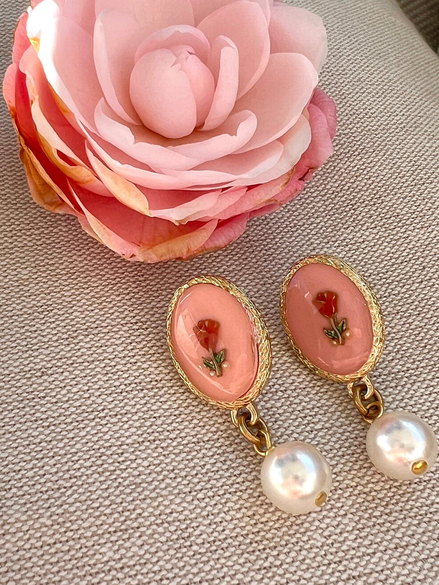 Red Rose and Pink Vintage Glass Pearl Earrings