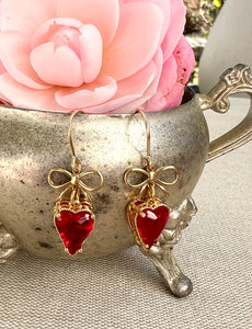 Bow and Red Heart Dangle Earrings