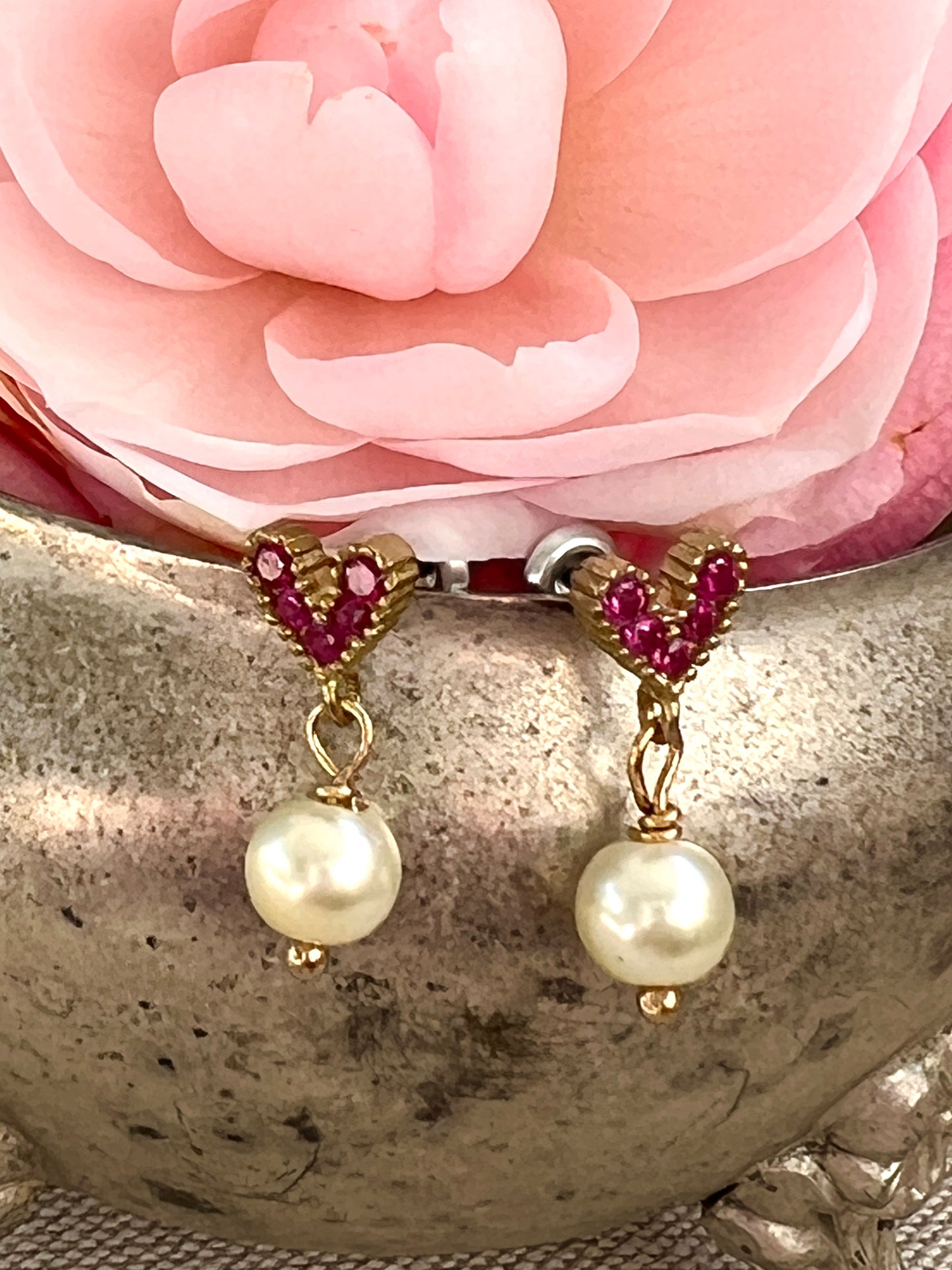 Pink Rhinestone Heart Earrings with Glass Pearls Earrings