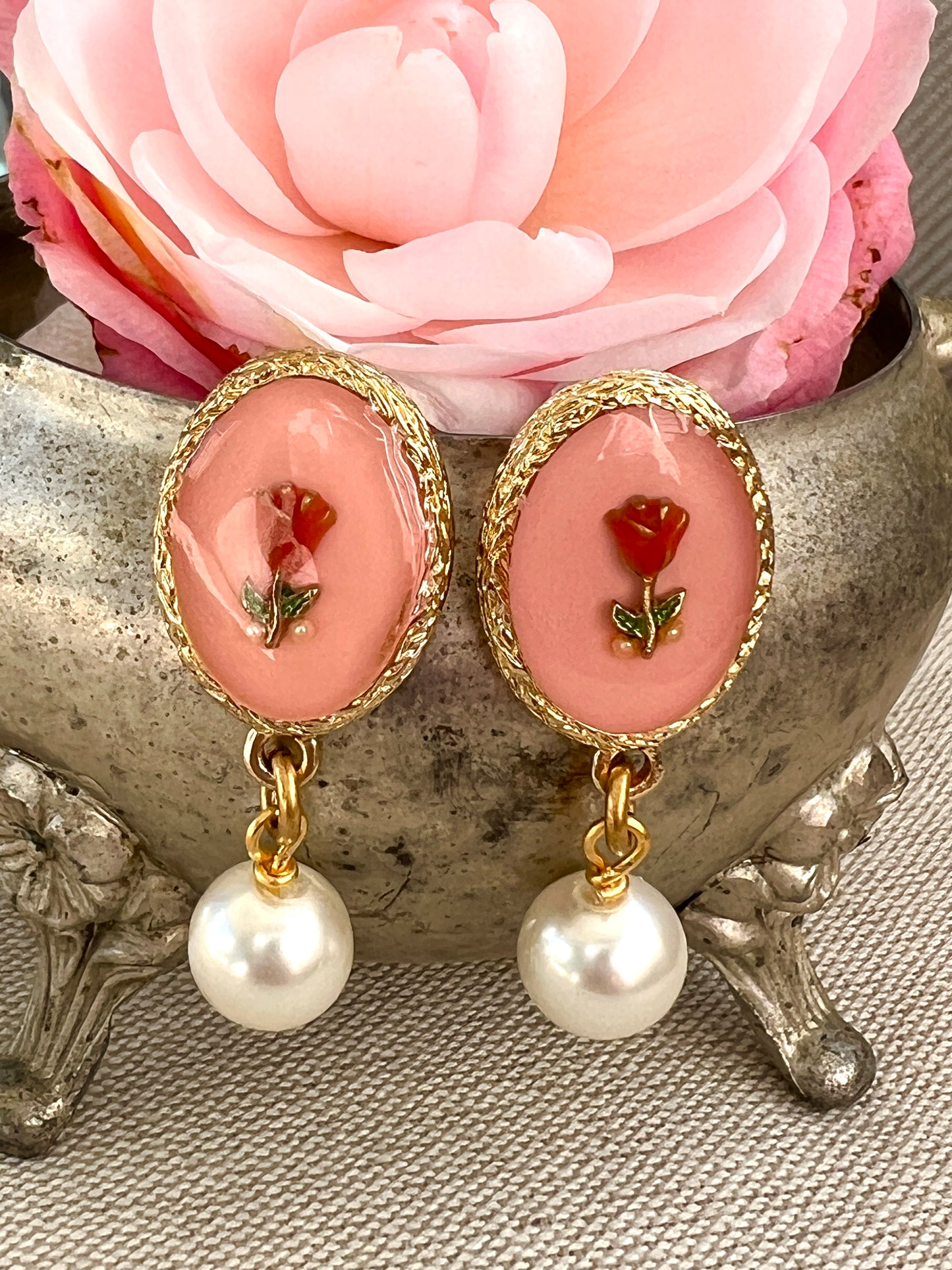 Red Rose and Pink Vintage Glass Pearl Earrings