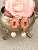 Red Rose and Pink Vintage Glass Pearl Earrings