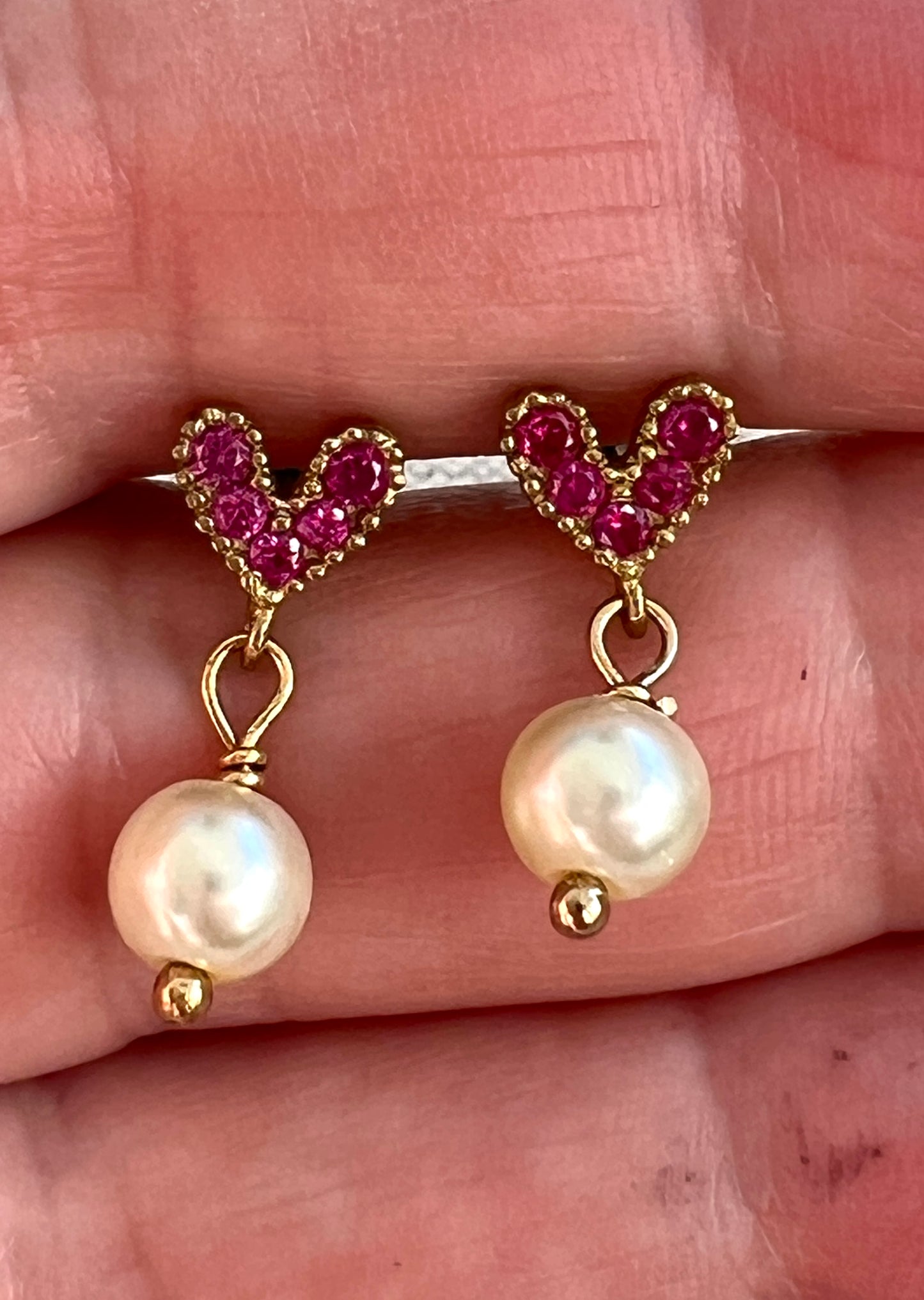 Pink Rhinestone Heart Earrings with Glass Pearls Earrings