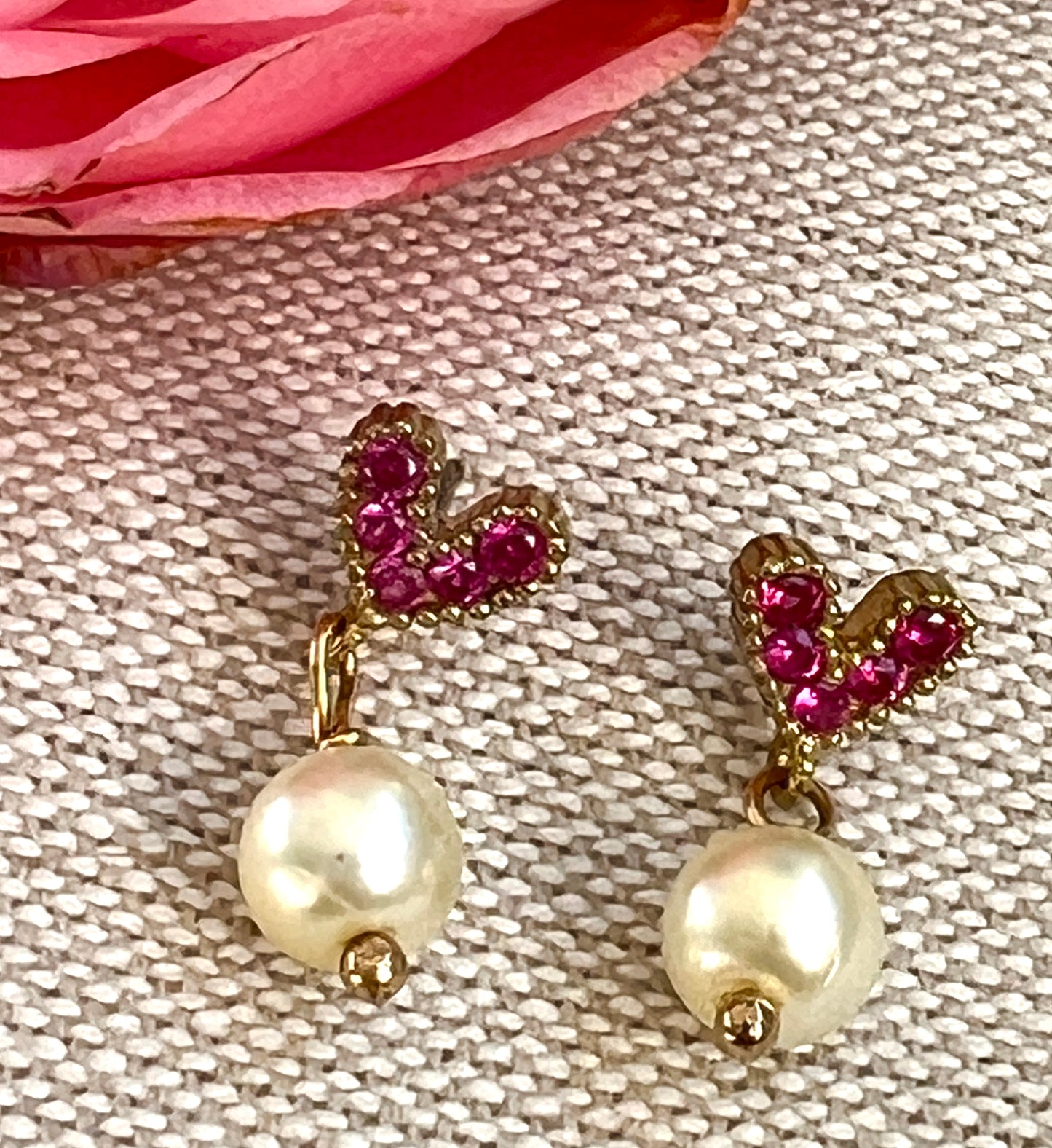 Pink Rhinestone Heart Earrings with Glass Pearls Earrings