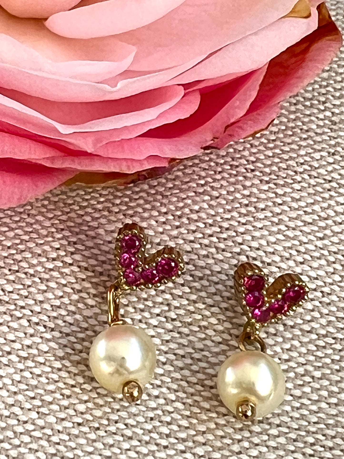 Pink Rhinestone Heart Earrings with Glass Pearls Earrings