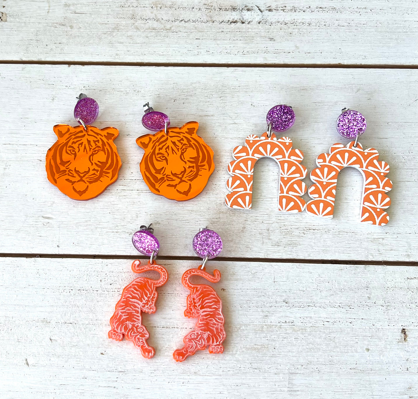 Tiger Orange and Purple Arched Acrylic Earrings