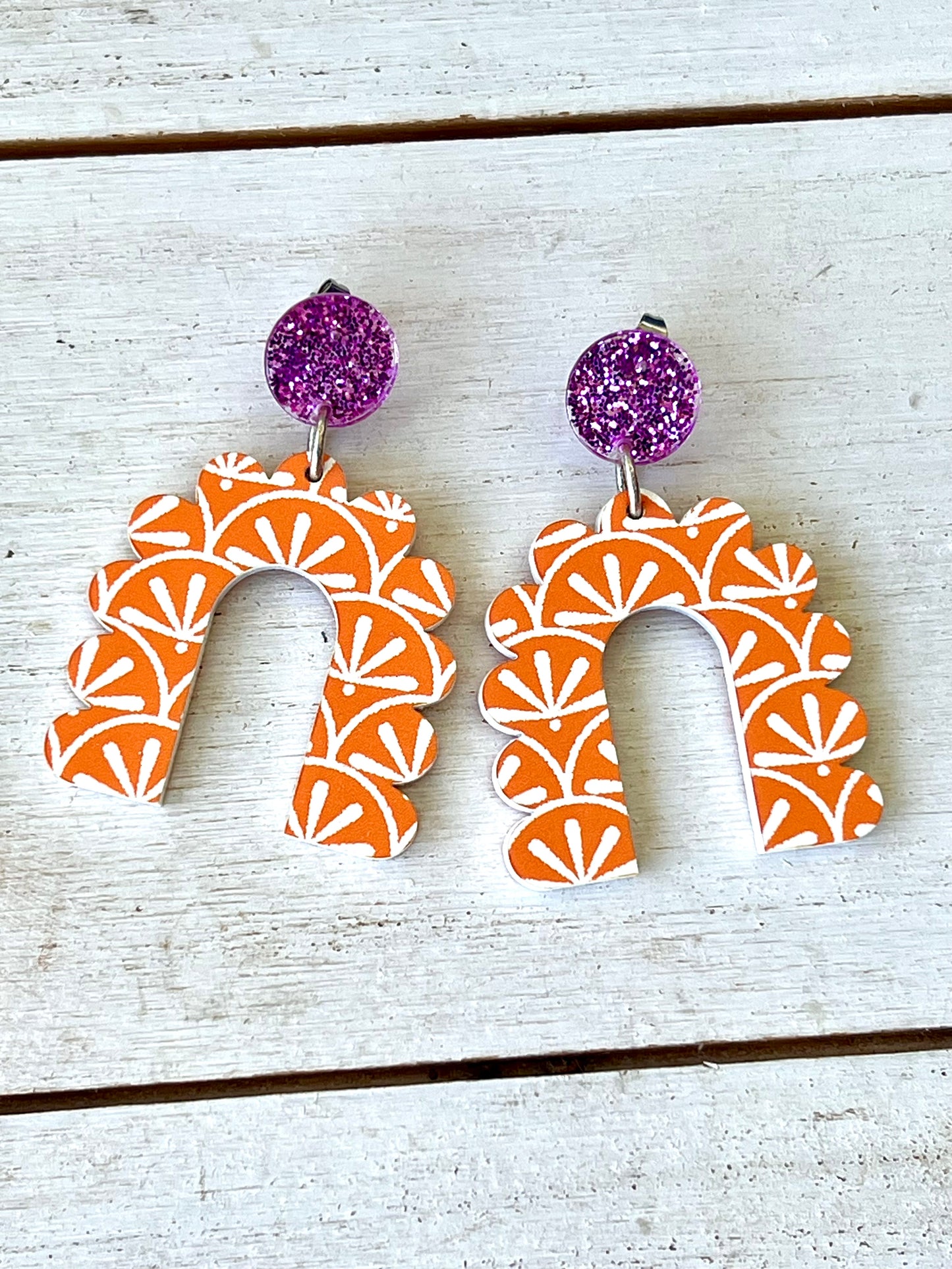 Tiger Orange and Purple Arched Acrylic Earrings