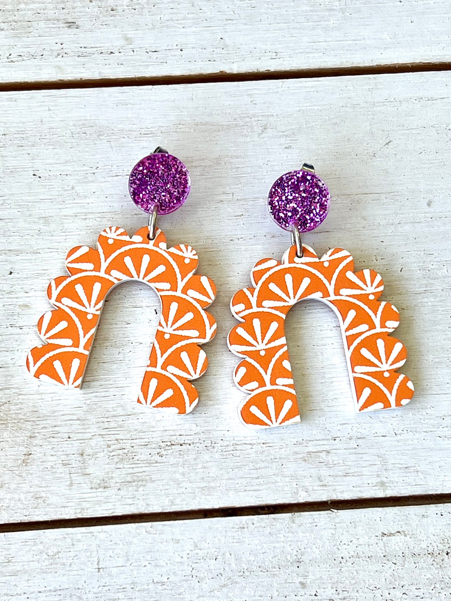 Tiger Orange and Purple Arched Acrylic Earrings