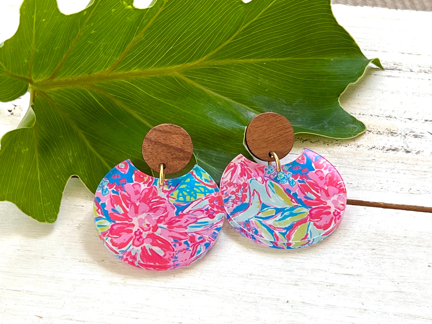 Pink and Blue Wood and Acrylic Earrings - Lilly Inspired