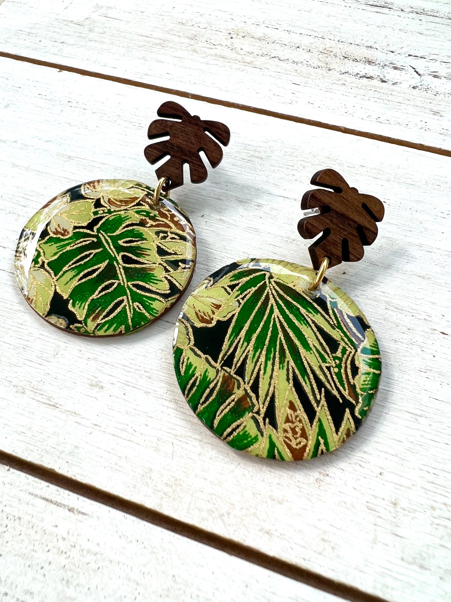 Black Palm Chiyogami Earrings