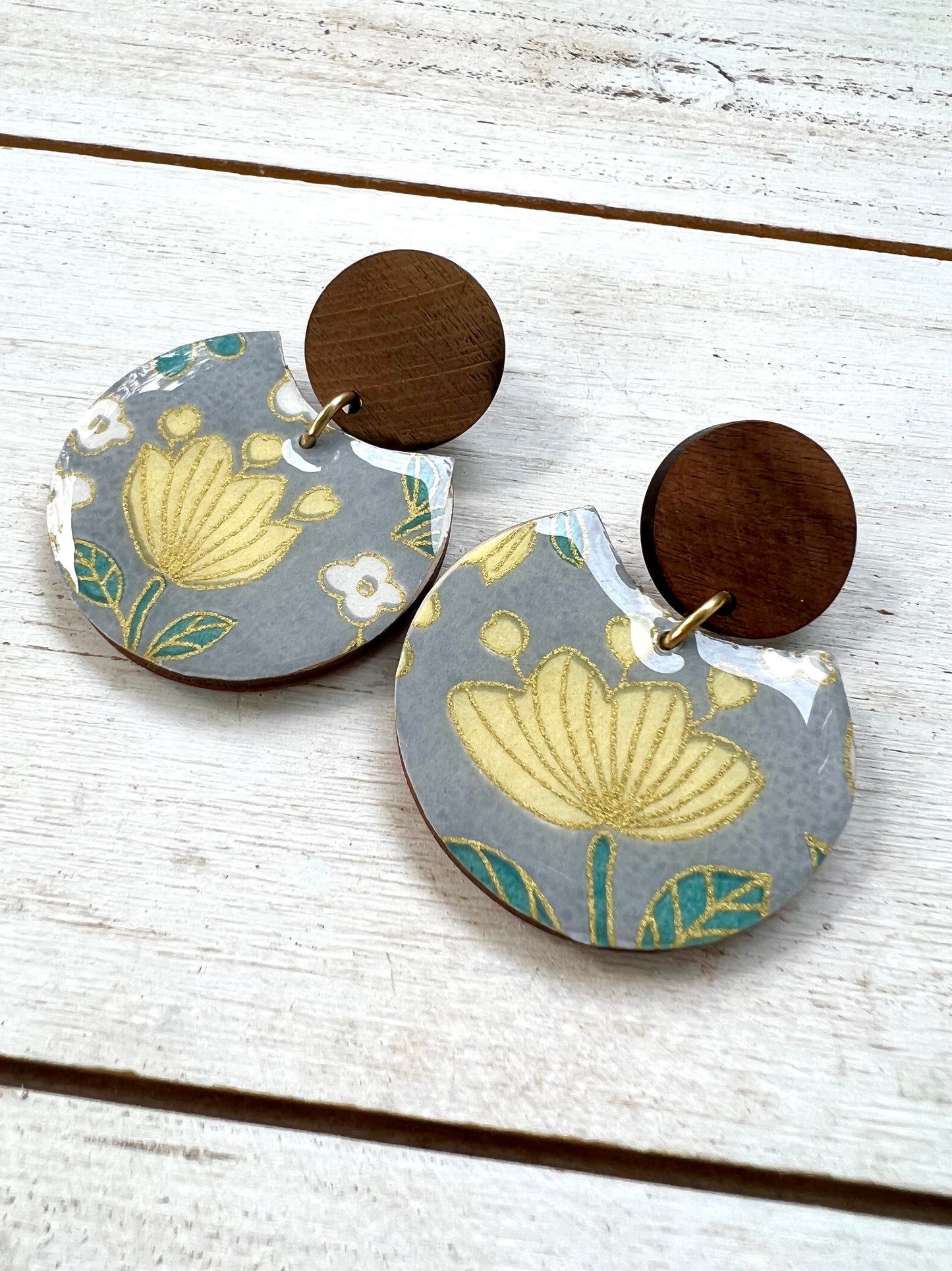 Gray and Yellow Floral Chiyogami Earrings