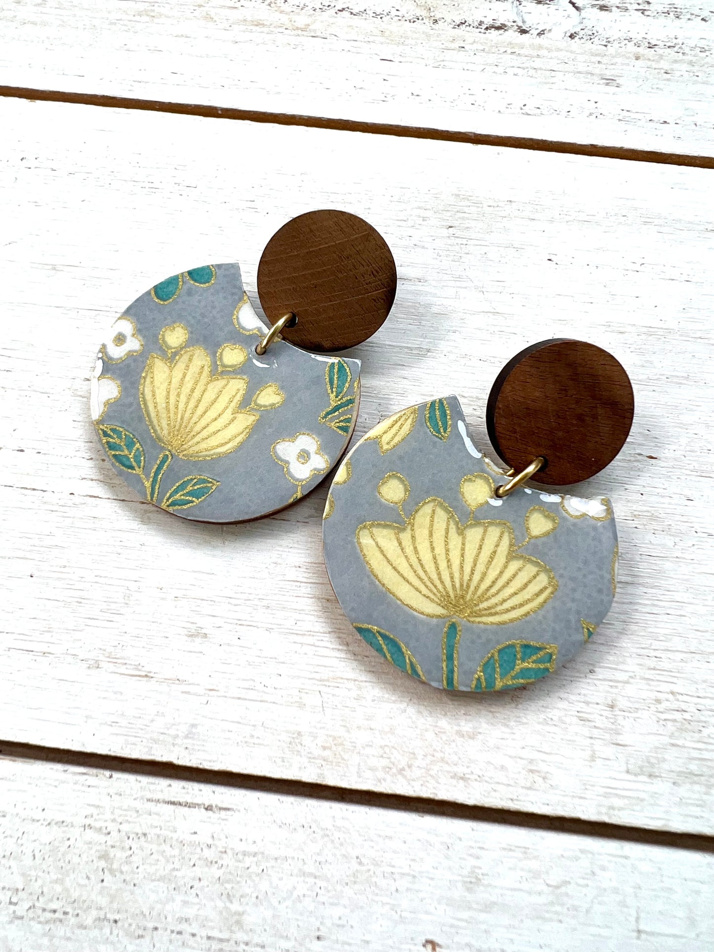 Gray and Yellow Floral Chiyogami Earrings