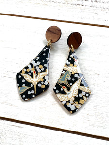 Black Egret Drop Chiyogami Paper Earrings