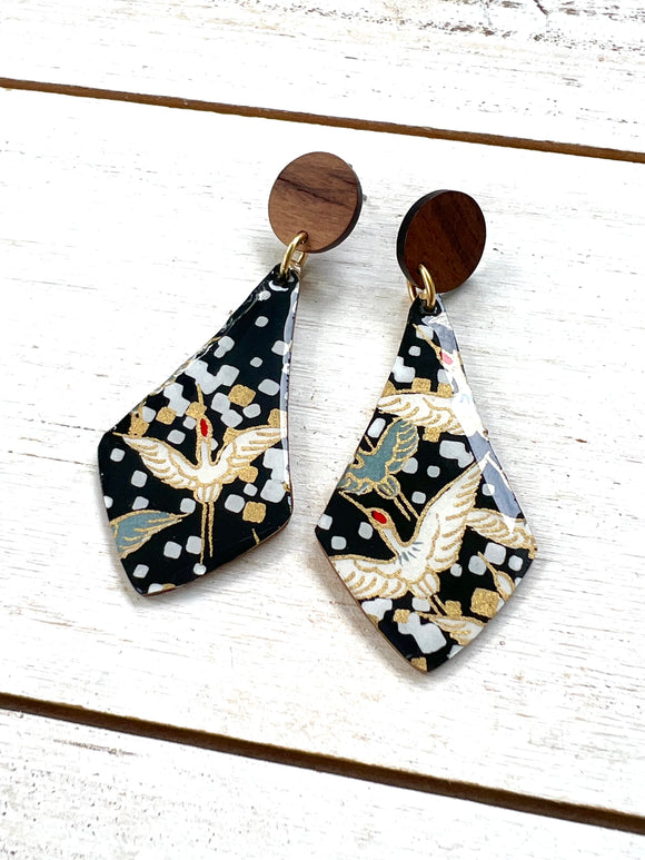 Black Egret Drop Chiyogami Paper Earrings