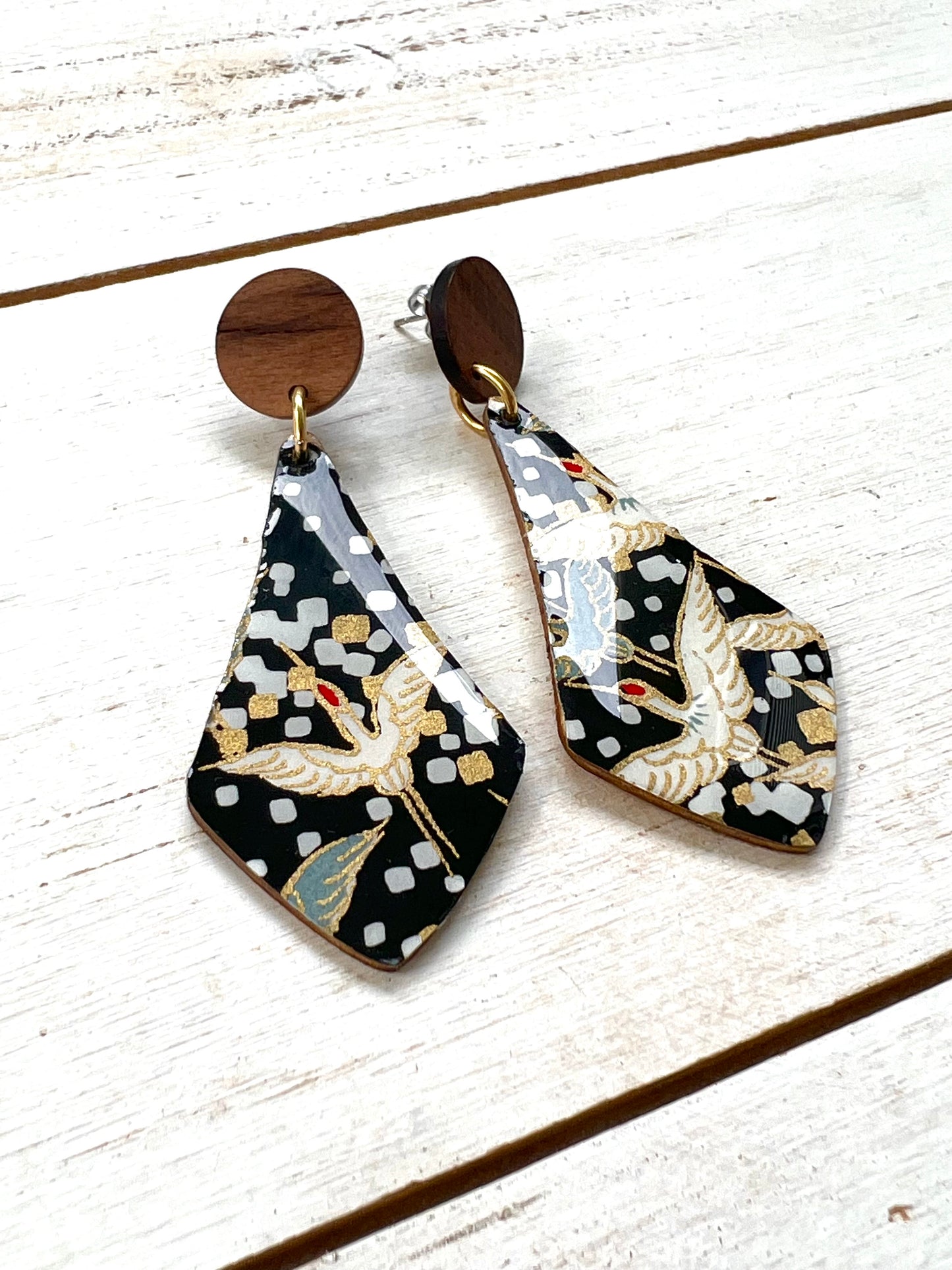 Black Egret Drop Chiyogami Paper Earrings