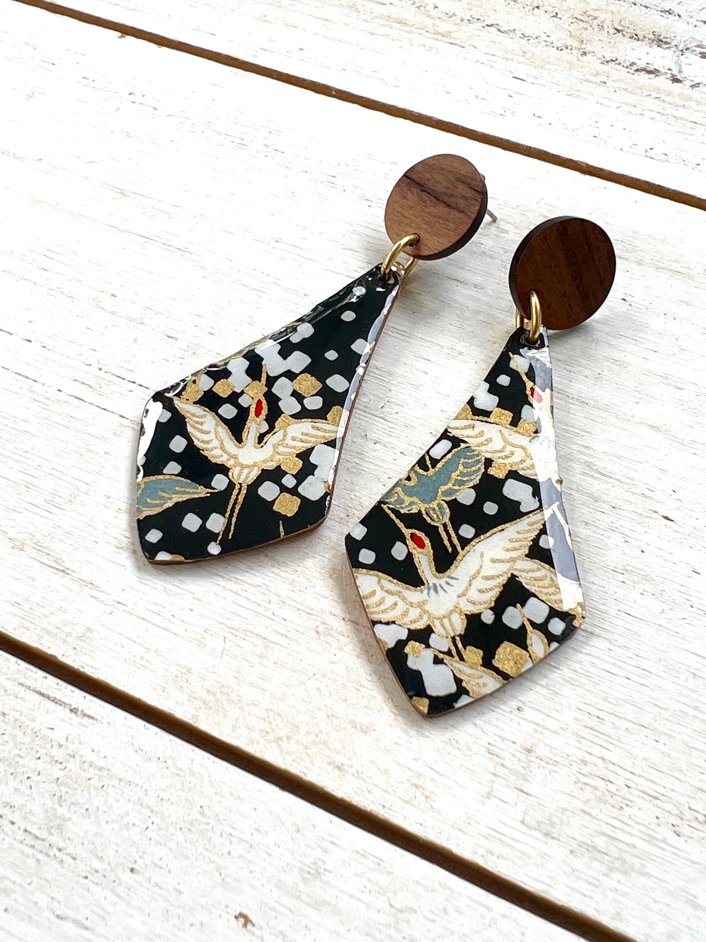 Black Egret Drop Chiyogami Paper Earrings