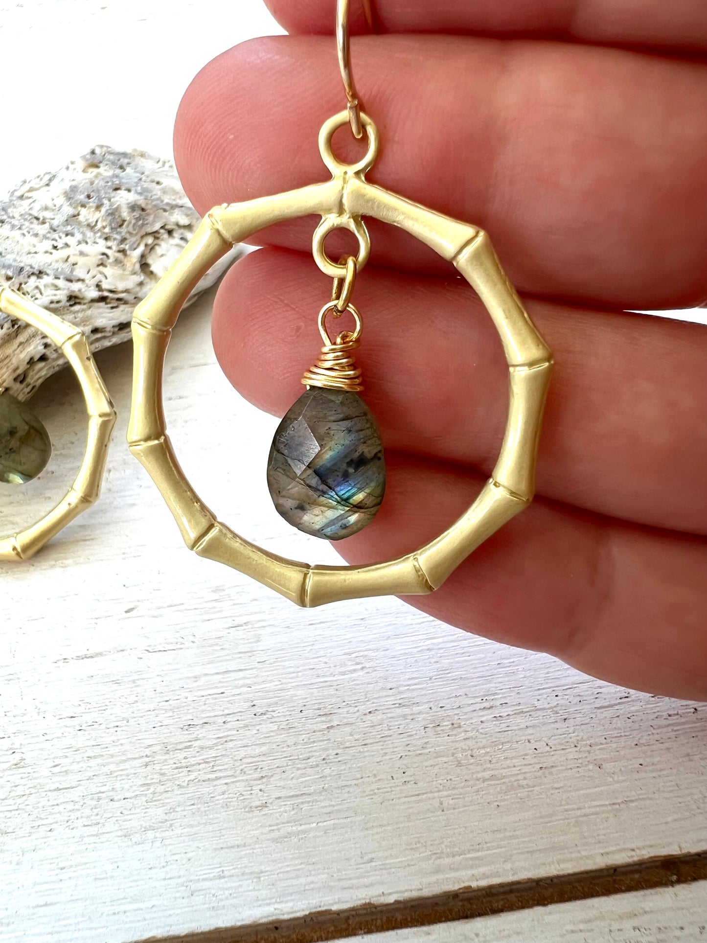 Bamboo Hoops with Genuine Labradorite Stones