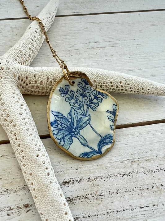 Blue and White Chinoiserie Oyster Shell Necklace