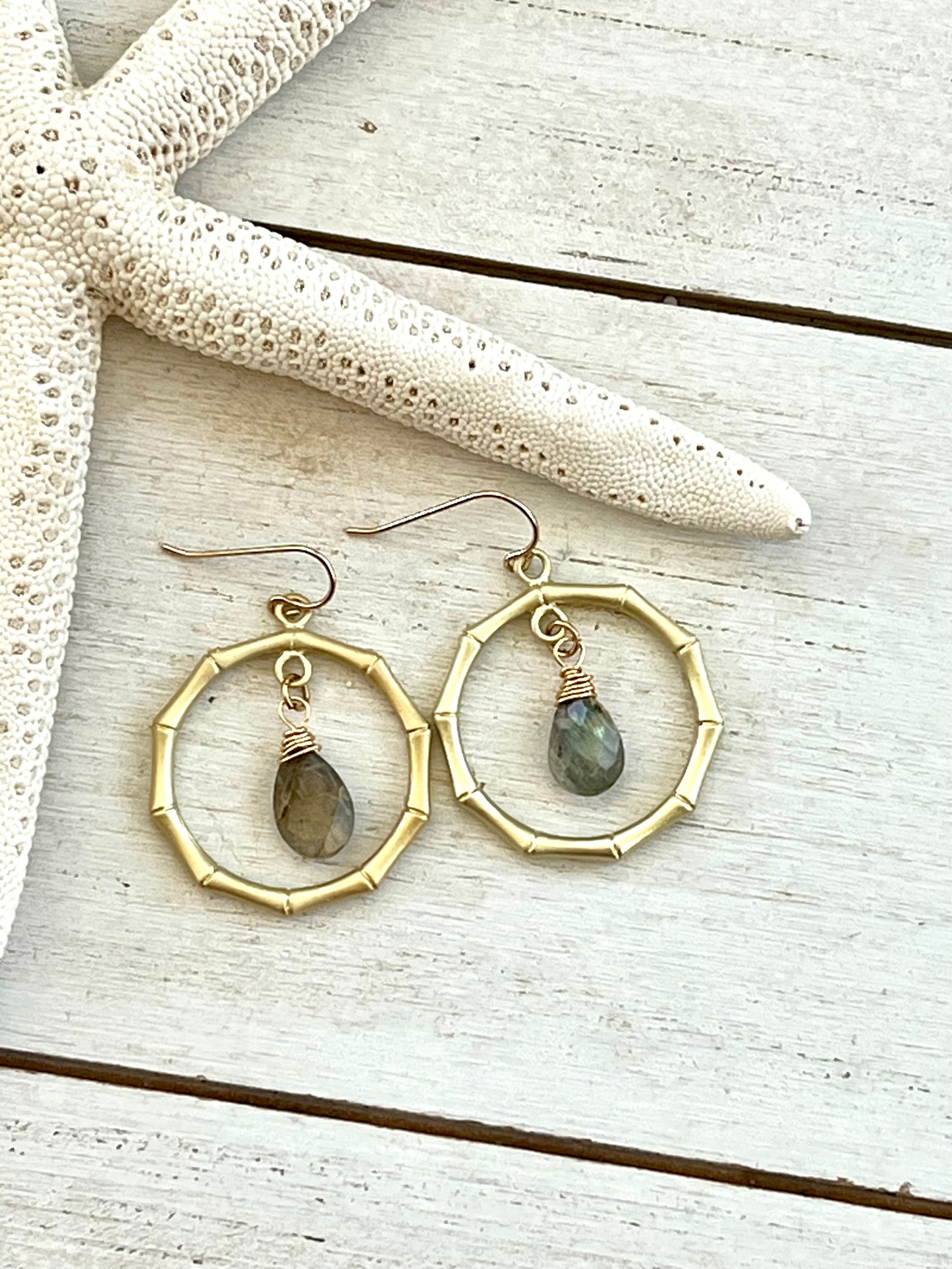 Bamboo Hoops with Genuine Labradorite Stones