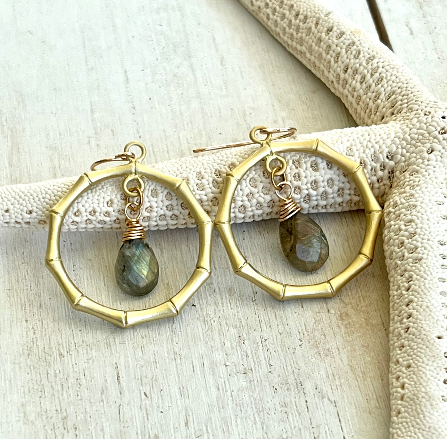 Bamboo Hoops with Genuine Labradorite Stones